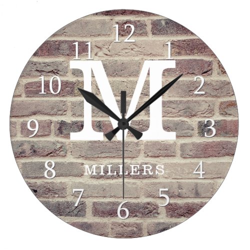 Rustic Farmhouse Brick Wall Family Name Monogram Large Clock