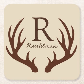 Rustic Farmhouse Brown Deer Antlers Family Name Square Paper Coaster by GrudaHomeDecor at Zazzle