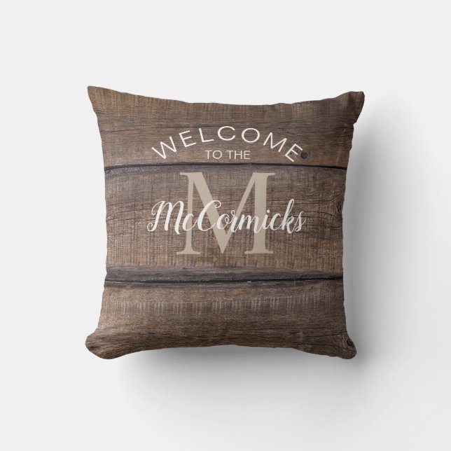 Rustic Farmhouse Brown Family Name Monogram Throw Pillow (Front)