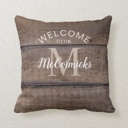 Rustic Farmhouse Brown Family Name Monogram Throw Pillow