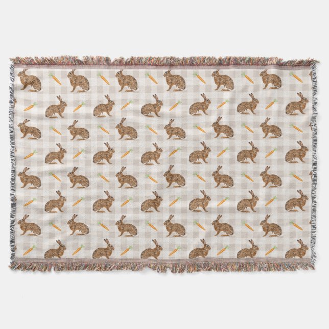 Rustic Farmhouse Brown Hare And Carrots Beige Throw Blanket (Front)