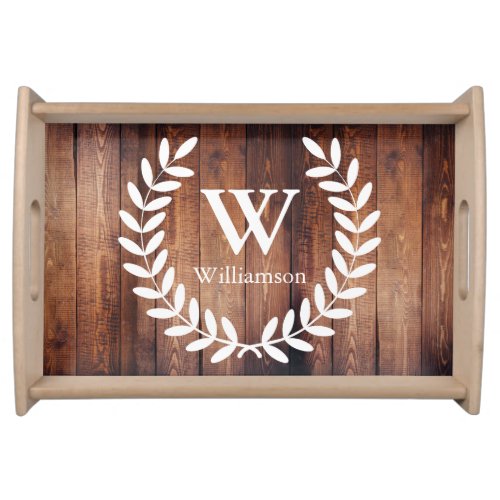 Rustic Farmhouse Brown Wood White Country Laurels Serving Tray