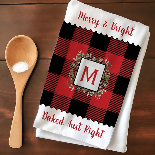 Rustic Farmhouse Buffalo Check Monogram Christmas Kitchen Towel