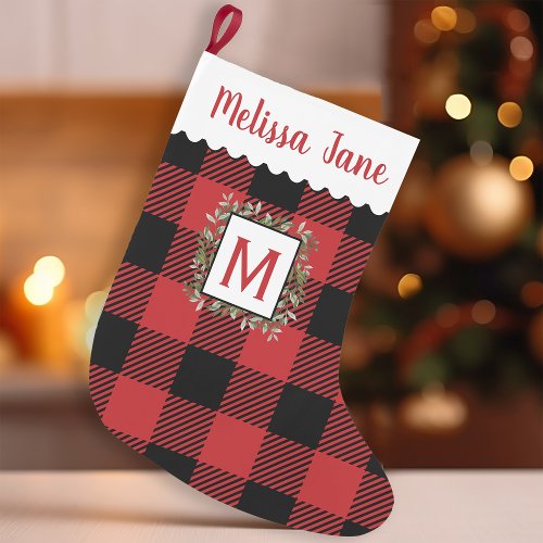 Rustic Farmhouse Buffalo Check Monogram Christmas Small Christmas Stocking