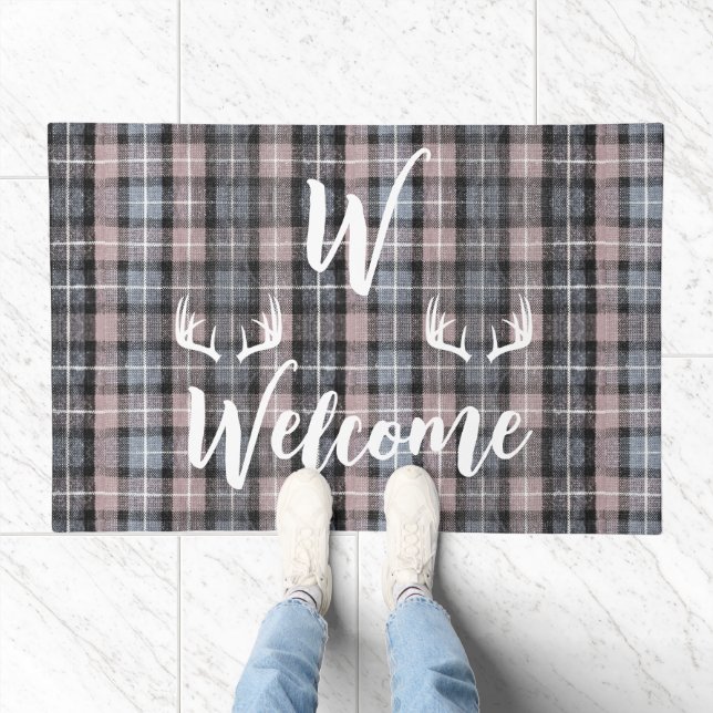 Rustic Farmhouse Buffalo Plaid (Deer Antlers) Name Doormat (Indoor)