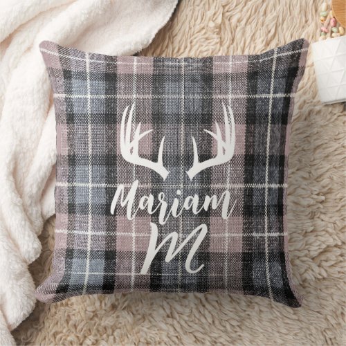 Rustic Farmhouse Buffalo Plaid (Deer Antlers) Name Throw Pillow