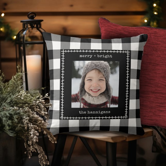 Rustic Farmhouse Buffalo Plaid Family Photo Throw Pillow (Creator Uploaded)