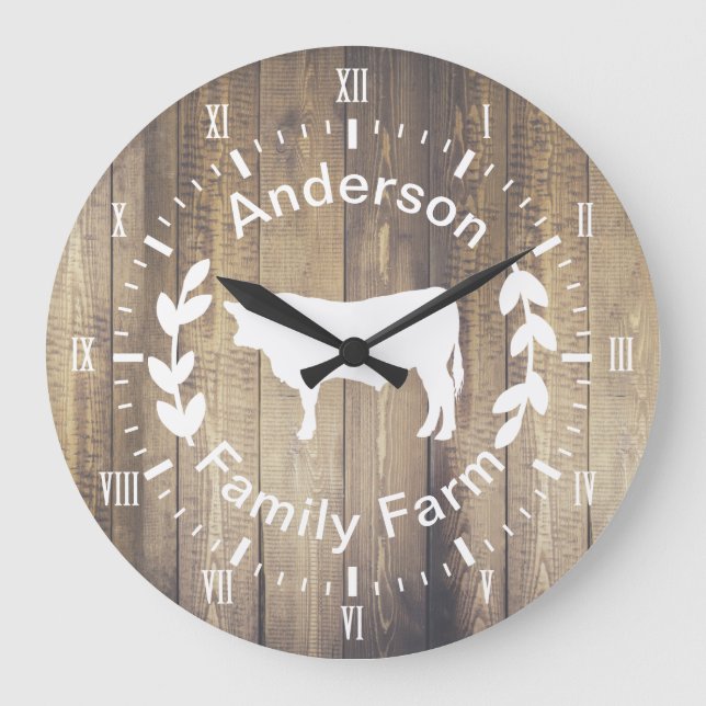 Rustic Farmhouse Bull Cow & Family Name Large Clock (Front)