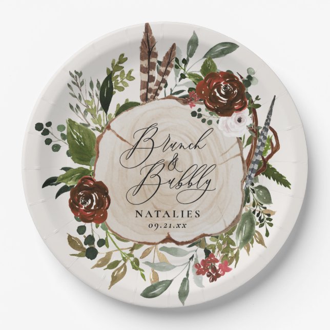 Rustic farmhouse burgundy botanical bridal shower paper plates (Front)