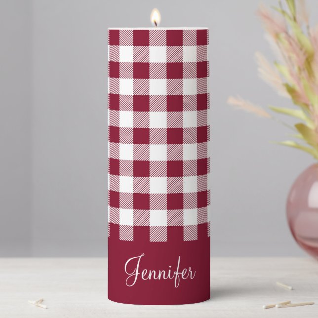Rustic Farmhouse Burgundy Red Custom Name Pillar Candle (In Situ)