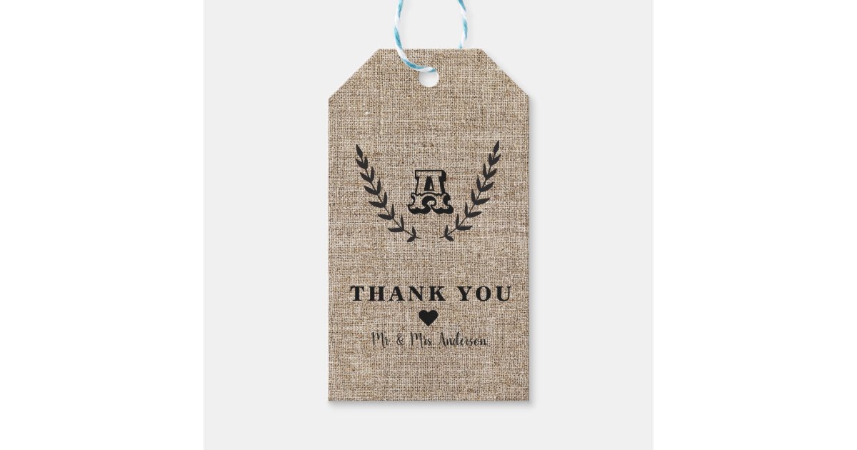 Rustic Farmhouse Burlap & Black Botanical Laurel Gift Tags | Zazzle