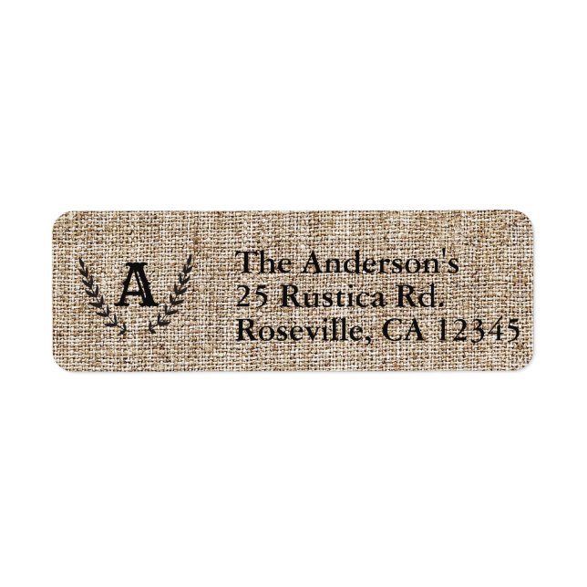 Rustic Farmhouse Burlap & Black Botanical Laurel Label (Front)