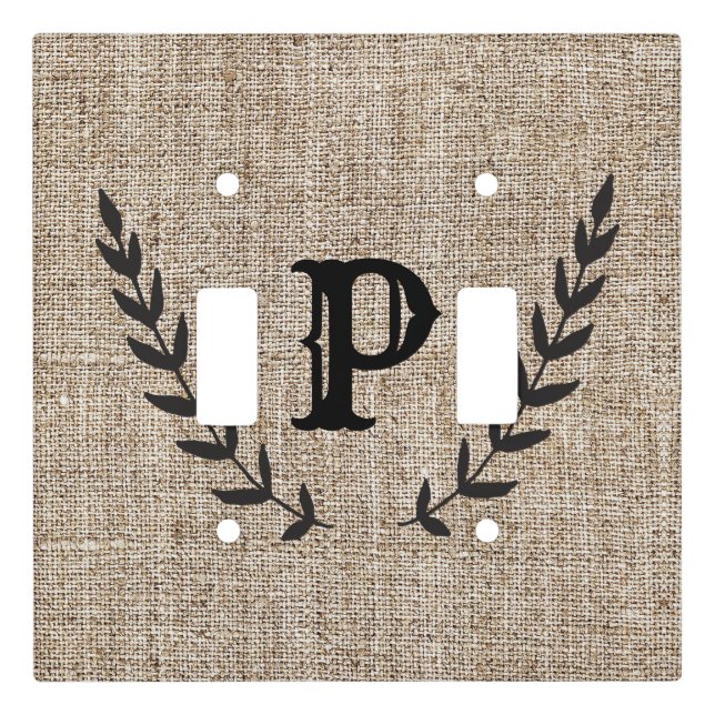 Rustic Farmhouse Burlap & Black Botanical Laurel Light Switch Cover (Front)