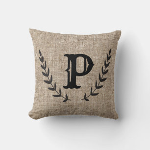 Rustic Farmhouse Burlap & Black Botanical Laurel Throw Pillow