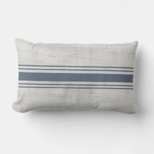 Rustic Farmhouse Burlap Blue Striped Grain Sack Lumbar Pillow