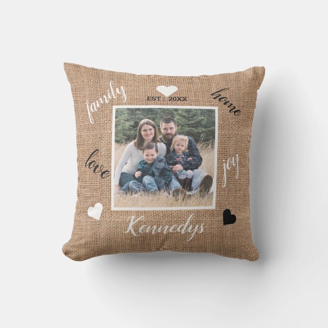 Rustic Farmhouse Burlap Custom Family Name Photo Outdoor Pillow (Front)