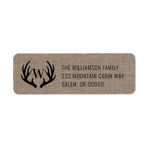 Rustic Farmhouse Burlap Deer Antlers Monogram Label