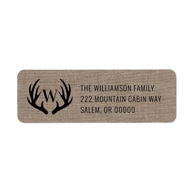 Rustic Farmhouse Burlap Deer Antlers Monogram Label (Front)