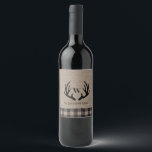 Rustic Farmhouse Burlap Deer Antlers Monogram Name Wine Label<br><div class="desc">Rustic Farmhouse Burlap Deer Antlers Monogram Name - Features rustic deer antlers with your monogram and name. Background is rustic natural burlap accented with buffalo plaid.</div>