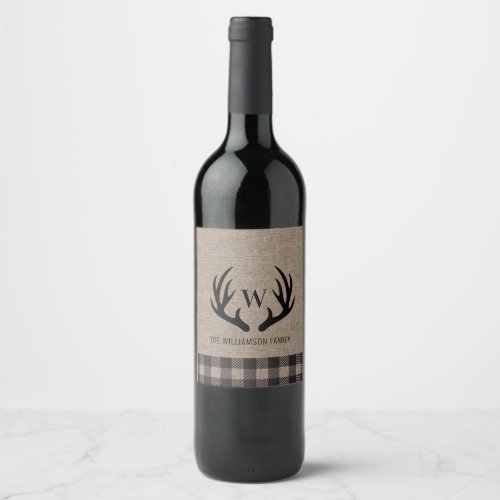 Rustic Farmhouse Burlap Deer Antlers Monogram Name Wine Label