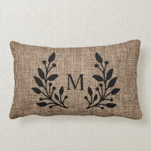 Rustic Farmhouse Burlap Laurels Monogram Lumbar Pillow