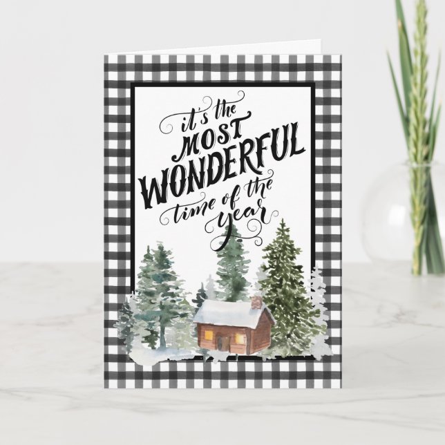 Rustic Farmhouse Cabin Black White Check Christmas Holiday Card (Front)