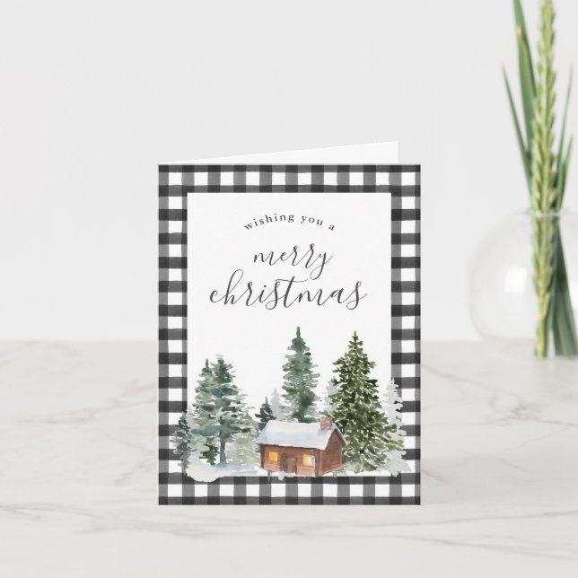 Rustic Farmhouse Cabin Black White Check Christmas Holiday Card (Front)