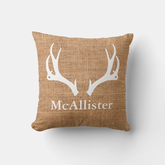 Rustic Farmhouse Cabin Deer Antlers Family Name Th Throw Pillow (Front)