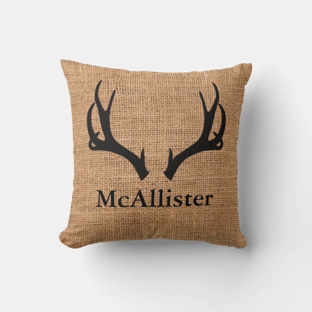 Rustic Farmhouse Cabin Deer Antlers Family Name Throw Pillow (Front)