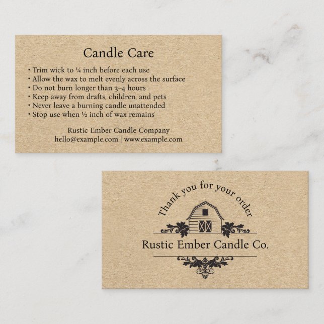 Rustic Farmhouse Candle Care Thank You Insert Card (Front/Back)