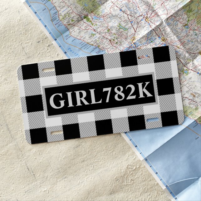 rustic farmhouse chic black and white plaid license plate (In Situ)