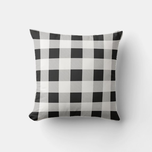 rustic farmhouse chic black and white plaid outdoor pillow (Front)