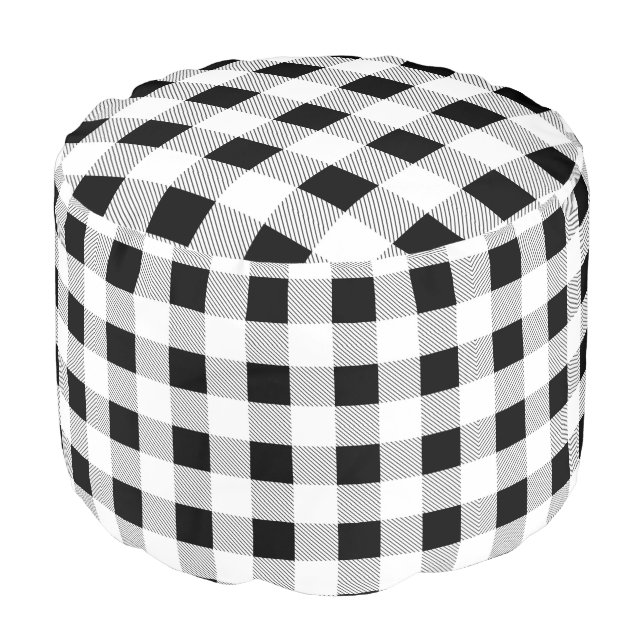 rustic farmhouse chic black and white plaid pouf (Angled Front)
