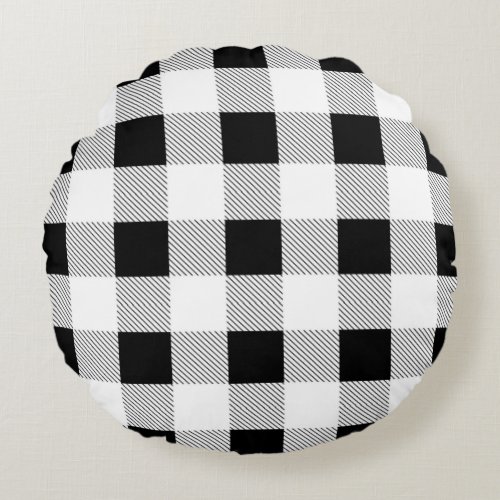 rustic farmhouse chic black and white plaid round pillow