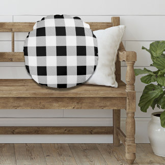 rustic farmhouse chic black and white plaid round pillow