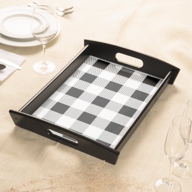 rustic farmhouse chic black and white plaid serving tray (Front)