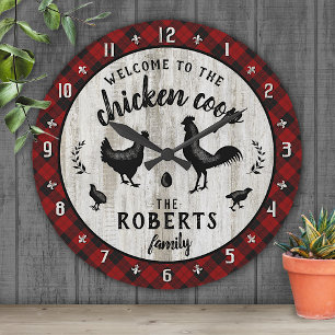 Rustic Farmhouse Chicken Coop Wood Plaid Custom Round Clock