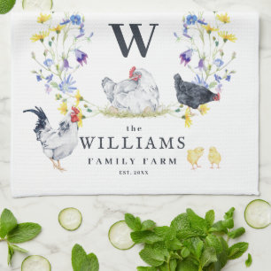 Rustic Farmhouse Chicken   Family Name Monogram  Kitchen Towel