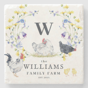 Rustic Farmhouse Chicken Family Name Monogram Stone Coaster