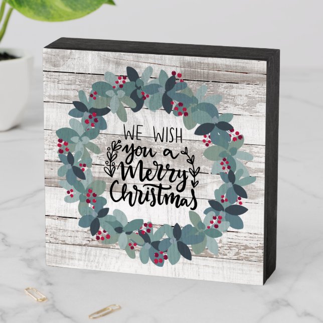 Rustic Farmhouse Chippy Wood Christmas Wreath Wooden Box Sign (In Situ Horizontal)