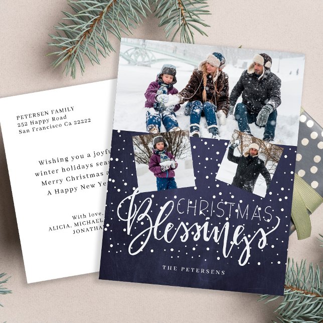 Rustic farmhouse Christmas blessings 3 photos navy Holiday Postcard (Creator Uploaded)