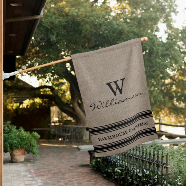 Rustic Farmhouse Christmas Burlap Family Name  House Flag (In SItu)