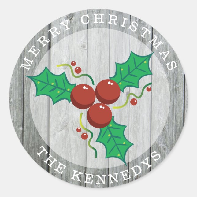 Rustic Farmhouse Christmas Holly Berries Classic Round Sticker (Front)