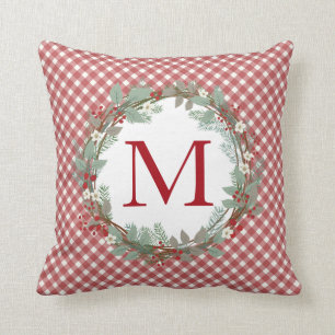 Rustic Farmhouse Christmas Initial Red Gingham Throw Pillow