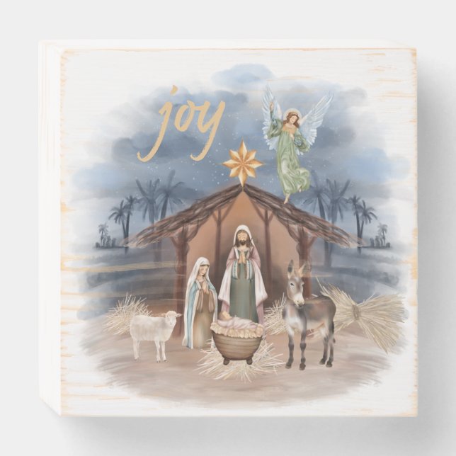 Rustic Farmhouse Christmas Joy Nativity Wooden Box Sign (Front Horizontal)