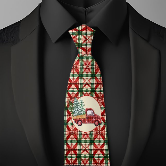 Rustic Farmhouse Christmas Pattern Red Truck Neck Tie (Creator Uploaded)