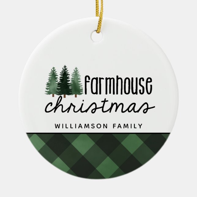 Rustic Farmhouse Christmas Red Plaid Photo  Cerami Ceramic Ornament (Front)