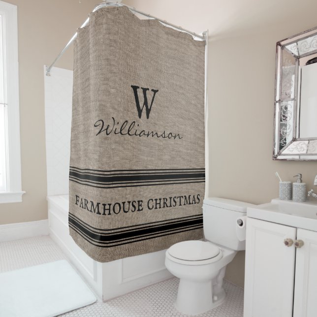 Rustic Farmhouse Christmas Ticking Stripe  Shower  Shower Curtain (In Situ)