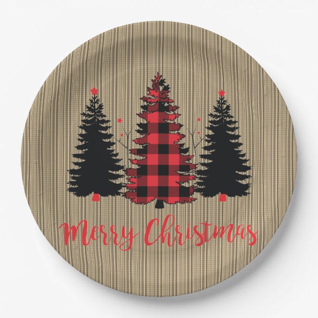 Rustic Farmhouse Christmas Tree Trio Paper Plates (Front)