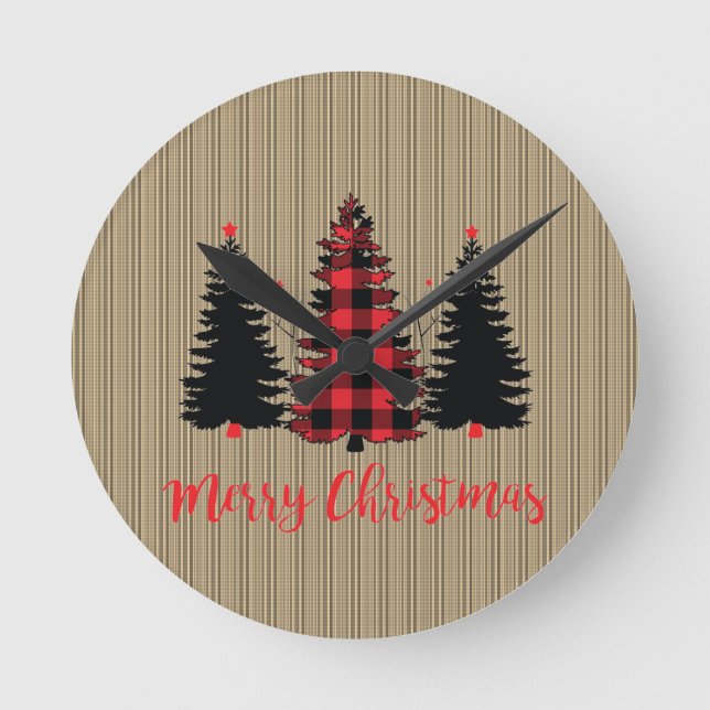 Rustic Farmhouse Christmas Tree Trio Round Clock (Front)